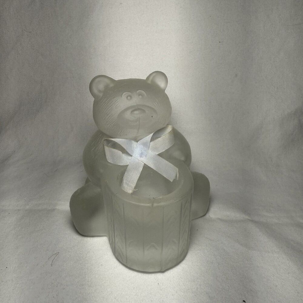Frosted Glass Teddy Bear Taper Candle Holder With Bow 3.5” Tall